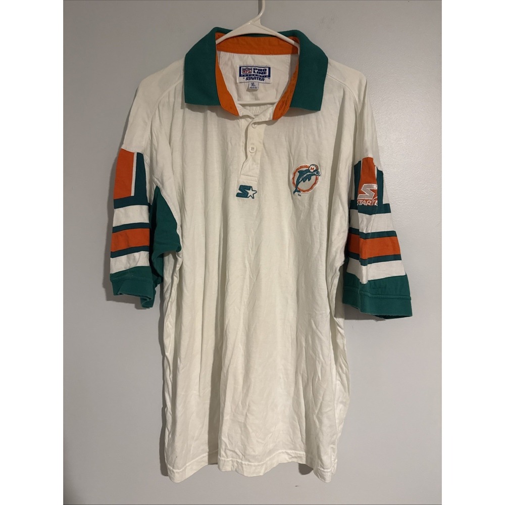 Vintage Miami Dolphins Shirt Mens Size XL White NFL Football Starter Polo 90s